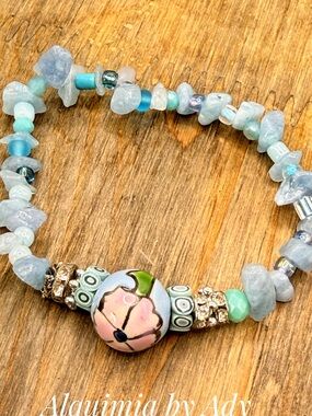 Aquamarine Pastel Blue & Pink Floral Bead Bracelet